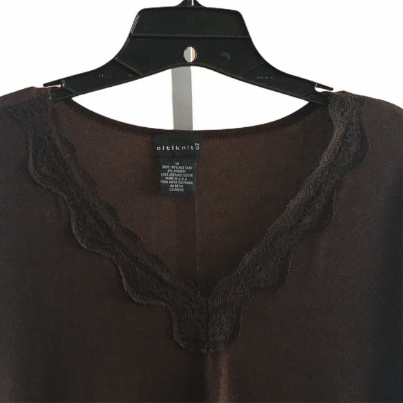 Citiknits 3/4 Sleeve Lace Trim V-neck Top Brown 1X - Picture 3 of 5